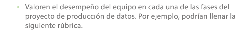 • Valoren el desempe o del equipo en cada una de las fases del proyecto de producci n de datos. Por ejemplo, podr an ...