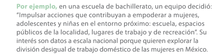Por ejemplo, en una escuela de bachillerato, un equipo decidi : “Impulsar acciones que contribuyan a empoderar a muje...