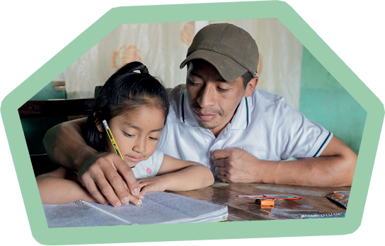 Hispanic dad helping his little daughter do her homework - Teacher teaching little girl to read and write - Mayan family at home