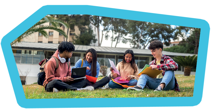 Banner of multiracial college students doing university research homework and study together sitting on campus grass using laptop. Higher education and technology concept.