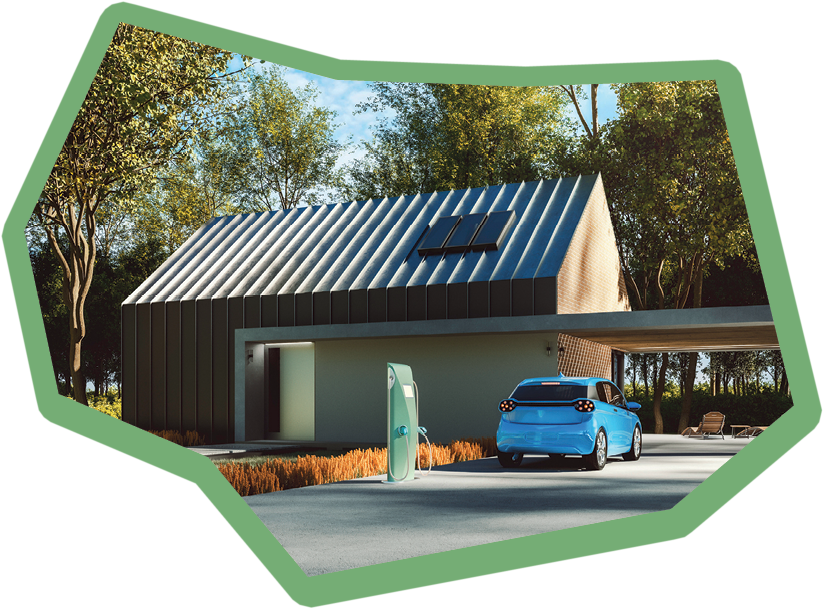 Modern house with electric charging station and parked vehicle. Generic vehicle is custom modeled and not based on any real or concept model/brand.