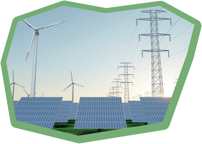 Front View Of Solar Panels With High Voltage Towers And Wind Turbines Background. Green Energy Concept