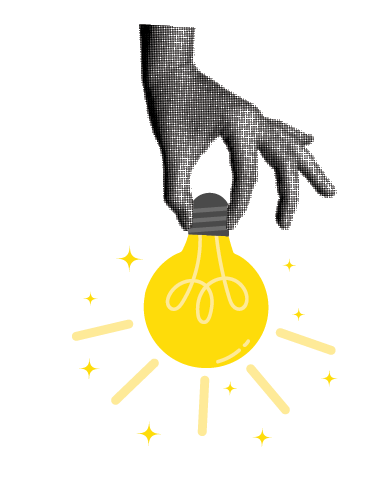 Halftone collage retro banner, paper cut elements. Two hands holding flat glowing light bulbs on a dark background. Answer, idea, problem solving or business solution concept.