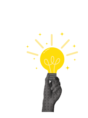 Halftone collage retro banner, paper cut elements. Two hands holding flat glowing light bulbs on a dark background. Answer, idea, problem solving or business solution concept.