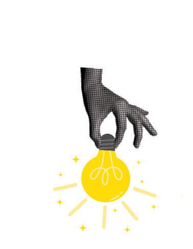 Halftone collage retro banner, paper cut elements. Two hands holding flat glowing light bulbs on a dark background. Answer, idea, problem solving or business solution concept.