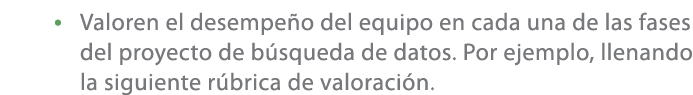 • Valoren el desempe o del equipo en cada una de las fases del proyecto de b squeda de datos. Por ejemplo, llenando l...