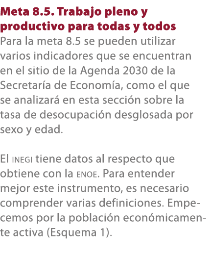 Meta 8.5. Trabajo pleno y productivo para todas y todos Para la meta 8.5 se pueden utilizar varios indicadores que se...