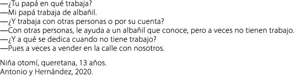 —¿Tu pap en qu  trabaja? —Mi pap  trabaja de alba il. —¿Y trabaja con otras personas o por su cuenta? —Con otras per...