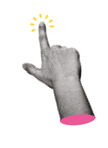 Collage element with pointing hands and doodle arrows. Fingers touch, click or tap. Cut out shapes, hand gesture for grunge trendy design. Modern retro vector illustration, objects are isolated