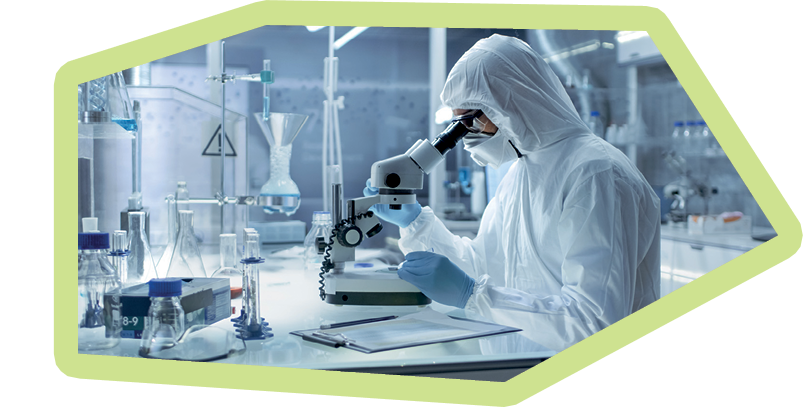 In a Secure High Level Research Laboratory Scientist in a Coverall Examines Petri Dish Under Microscope.