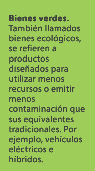 Bienes verdes. Tambi n llamados bienes ecol gicos, se refieren a productos dise ados para utilizar menos recursos o e...