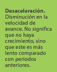 Desaceleraci n. Disminuci n en la velocidad de avance. No significa que no haya crecimiento, sino que este es m s len...