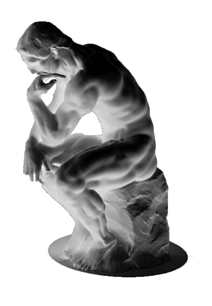 Sculpture Thinker Pondering The Chess Game On Brown Background. 3D Illustration.