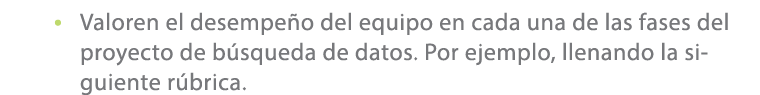 • Valoren el desempe o del equipo en cada una de las fases del proyecto de b squeda de datos. Por ejemplo, llenando l...
